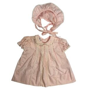 Polly Flinders Vintage Cottagecore Coquette Baby Dress Bonnet Set Pink Cotton